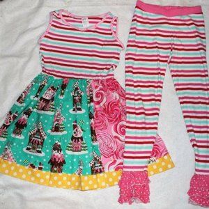 KPea Original Girls Christmas Gingerbread Tank Dress Ruffle Leggings Set 6